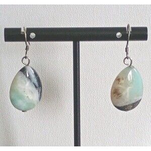 Teal Jasper Sterling Silver Dangle Vintage Earrings Tested
